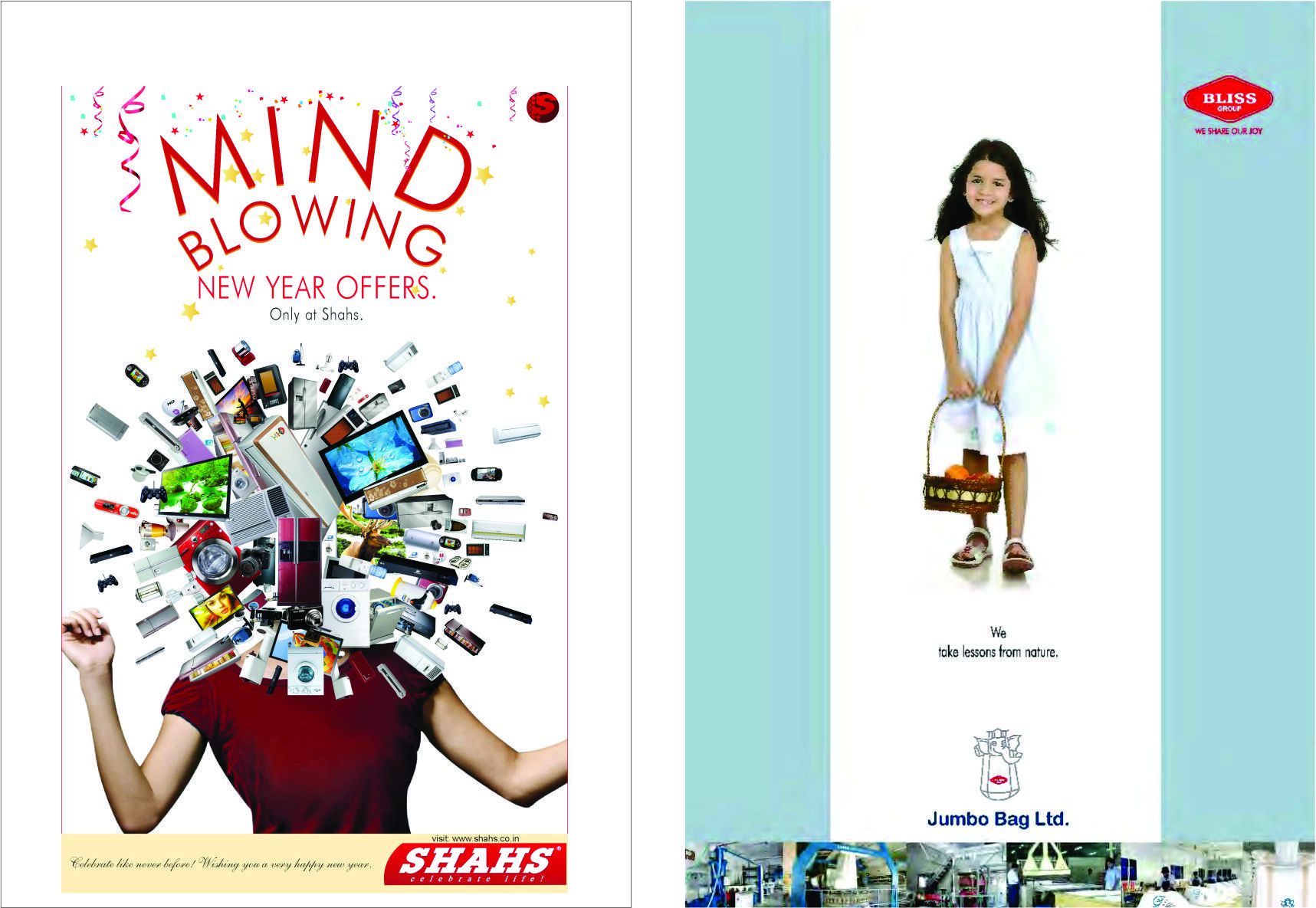 Various electronic gadgets with colorful confetti, promotional poster for Shah's electronics store, highlighting new year offers in India.